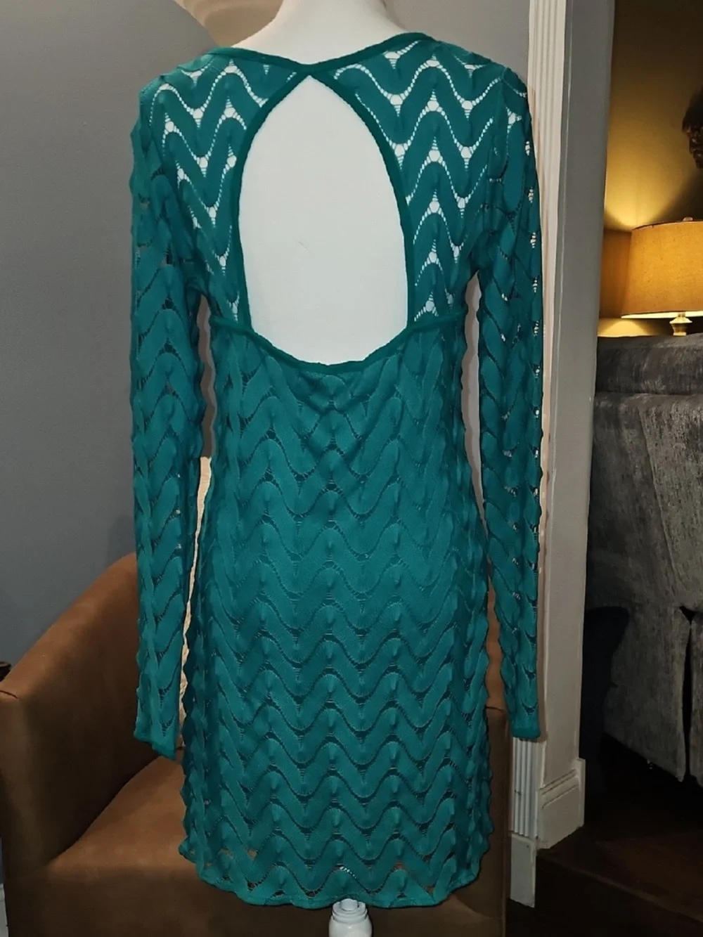 Free People Teal Open-Back Long Sleeve Lace Knit Dress